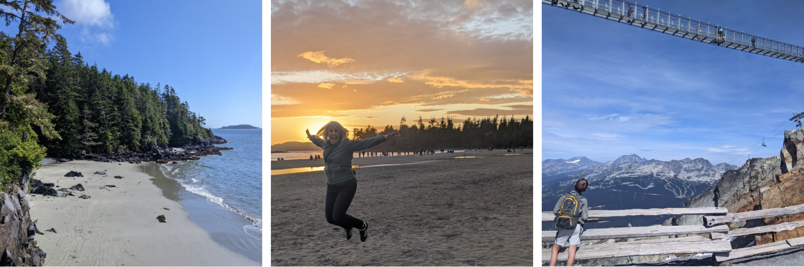 Tofino beach, Sunset at Mackenzie Beach, Cloudraker Sky Bridge, Whistler
