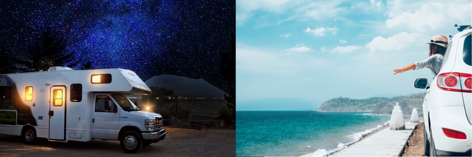 Motorhome under starry sky, person reaching from car by the sea