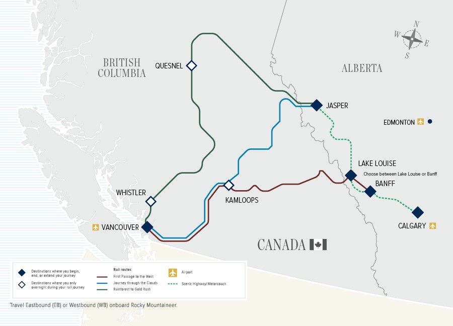 Map of Rocky Mountaineer routes